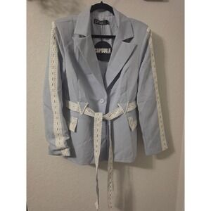 Capsulle‎ Light Blue Lace Trim Pant Suit Set Blazer Wide Leg Trousers L NEW